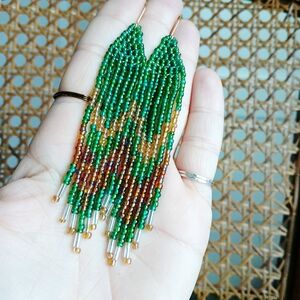 BOGO EARRINGS Boho Chic Green and Gold Beaded Fringe Earrings, Cascade